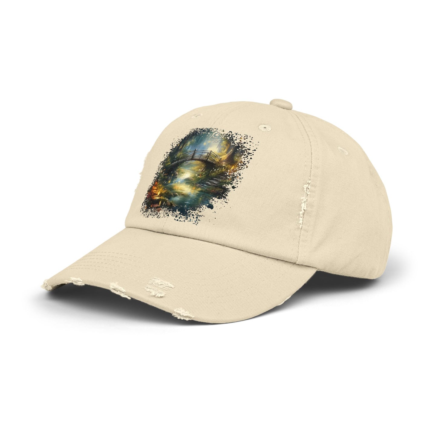 Distressed Canvas Cap with Scenic Bridge Watercolor Print