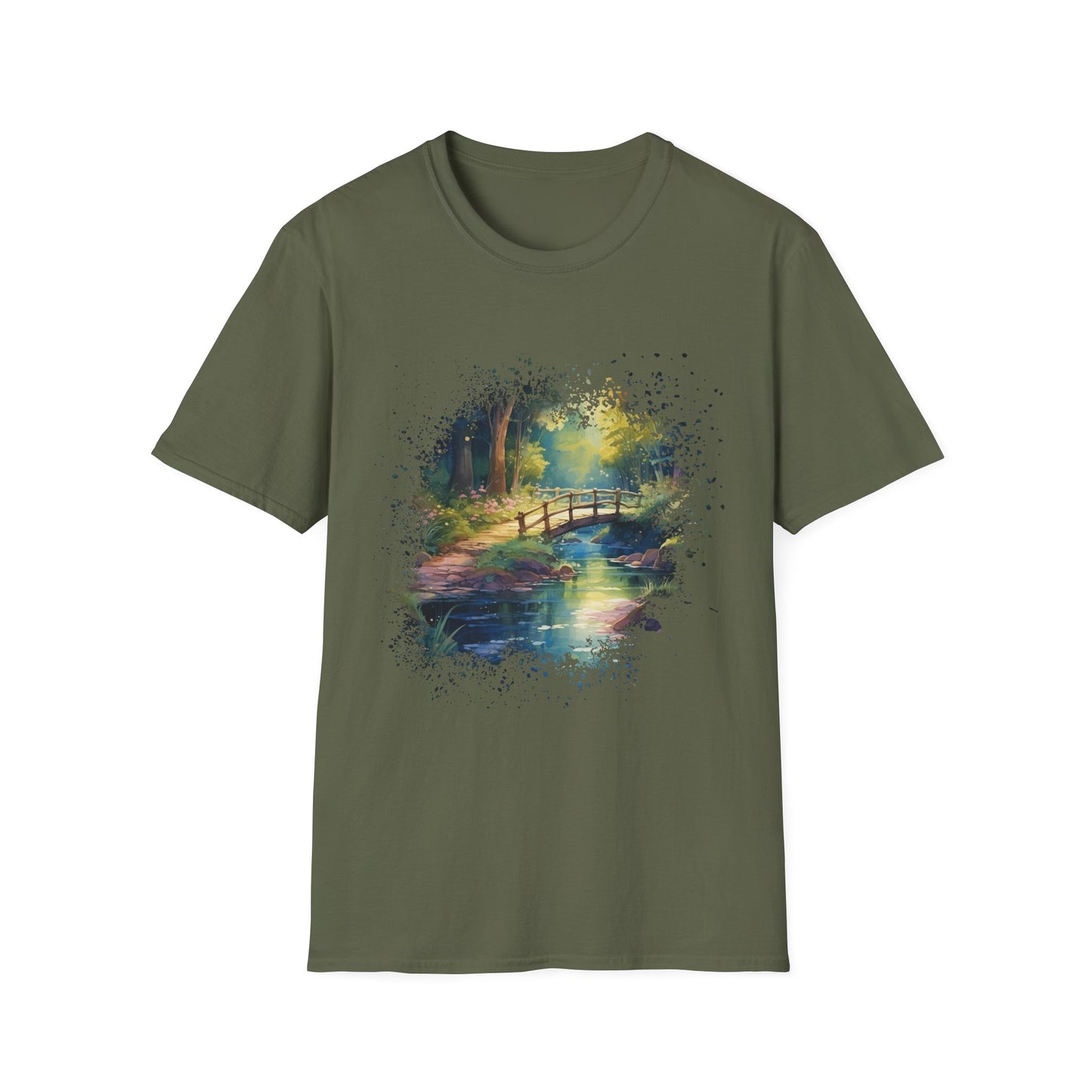 T-Shirt — Watercolor Forest Bridge Scenic Tee