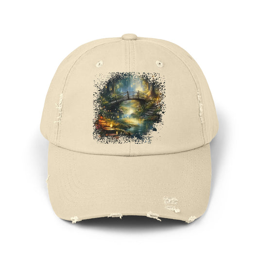 Distressed Canvas Cap with Scenic Bridge Watercolor Print